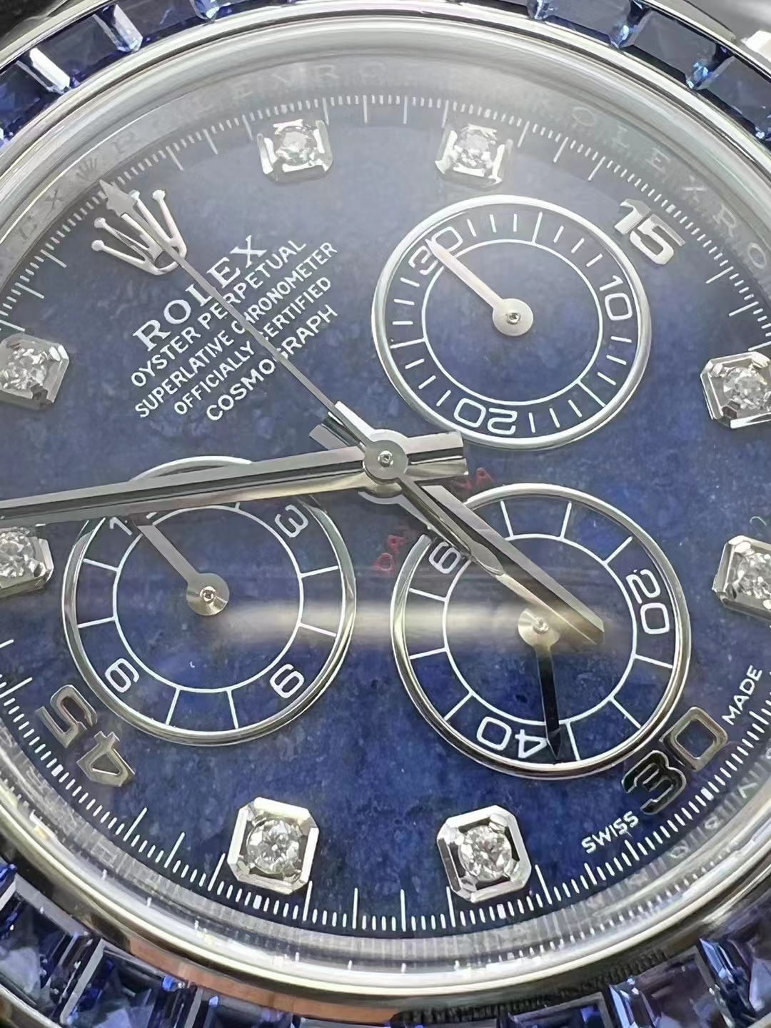 Premium Custom Daytona 116519 Blue Sodalite Dial Diamonds Bezel and Indexes Based on Clean Factory Daytona DD4130 Movement Oyster Bracelet 05 Premium Custom Daytona 116519 Blue Sodalite Dial Diamonds Bezel and Indexes Based on Clean Factory Daytona DD4130 Movement Oyster Bracelet 05