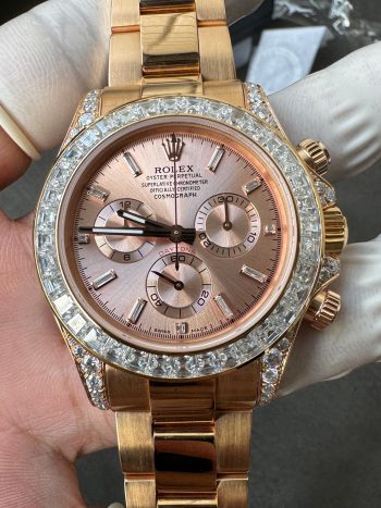 Clean Factory Rolex Custom SuperClone ICE Out Daytona 126595TBR Rose Gold Case Set with Diamonds Pink Dial with Diamond Indexs 4131 Movement 02