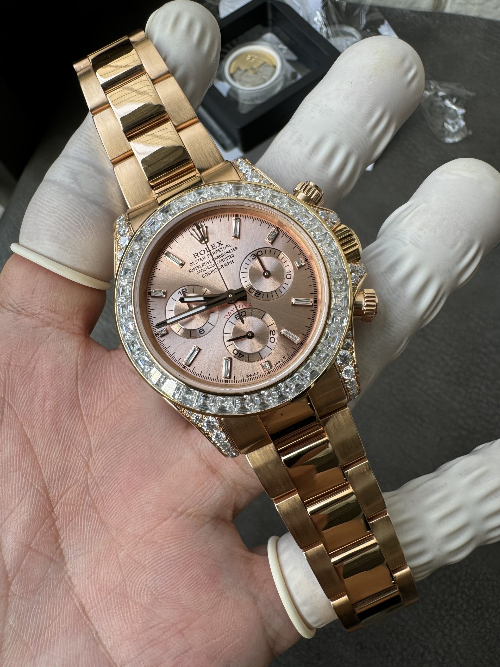 Clean Factory Rolex Custom SuperClone ICE Out Daytona 126595TBR Rose Gold Case Set with Diamonds Pink Dial with Diamond Indexs 4131 Movement 03 Clean Factory Rolex Custom SuperClone ICE Out Daytona 126595TBR Rose Gold Case Set with Diamonds Pink Dial with Diamond Indexs 4131 Movement 03