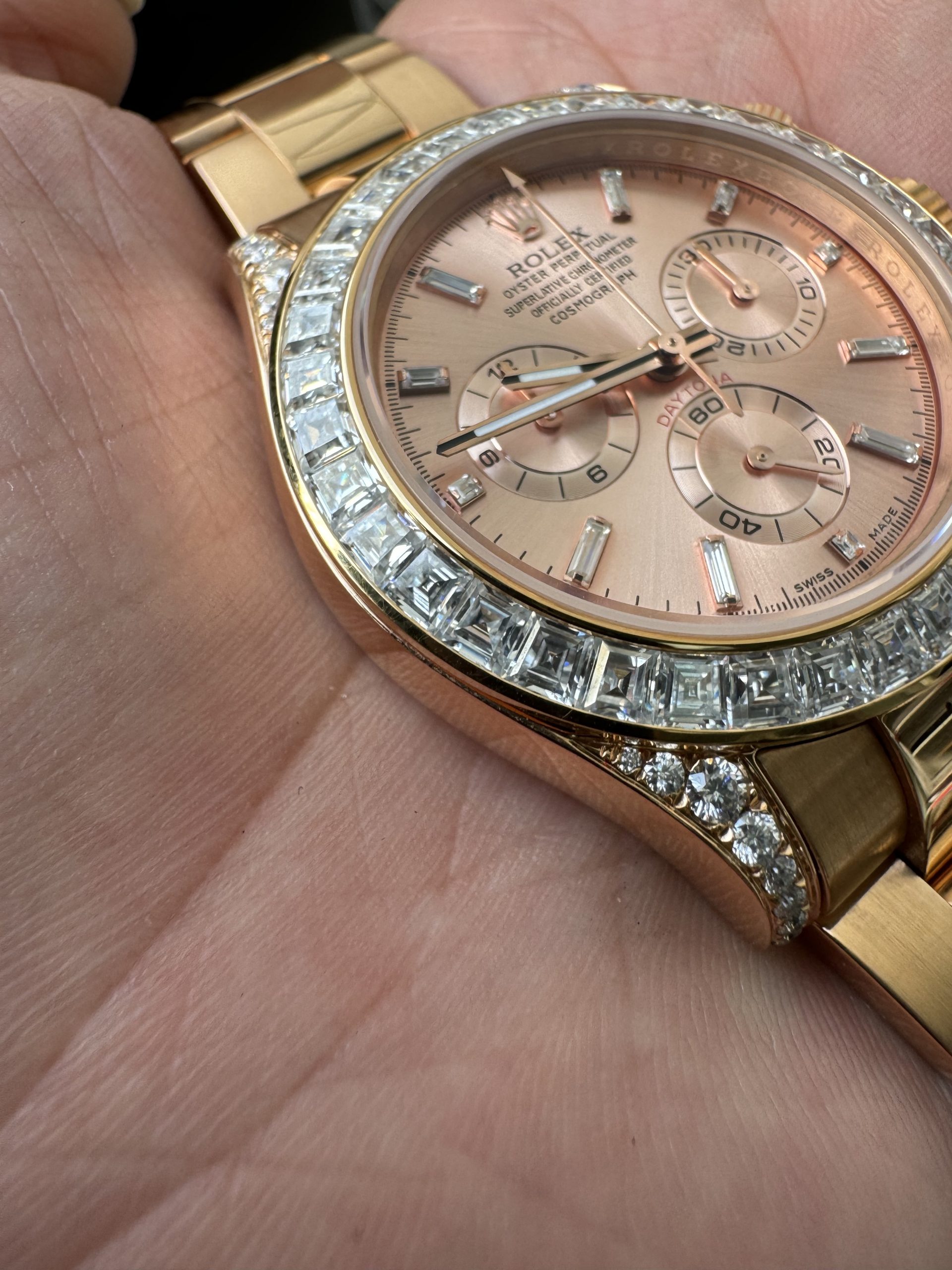 Clean Factory Rolex Custom SuperClone ICE Out Daytona 126595TBR Rose Gold Case Set with Diamonds Pink Dial with Diamond Indexs 4131 Movement 04 Clean Factory Rolex Custom SuperClone ICE Out Daytona 126595TBR Rose Gold Case Set with Diamonds Pink Dial with Diamond Indexs 4131 Movement 04