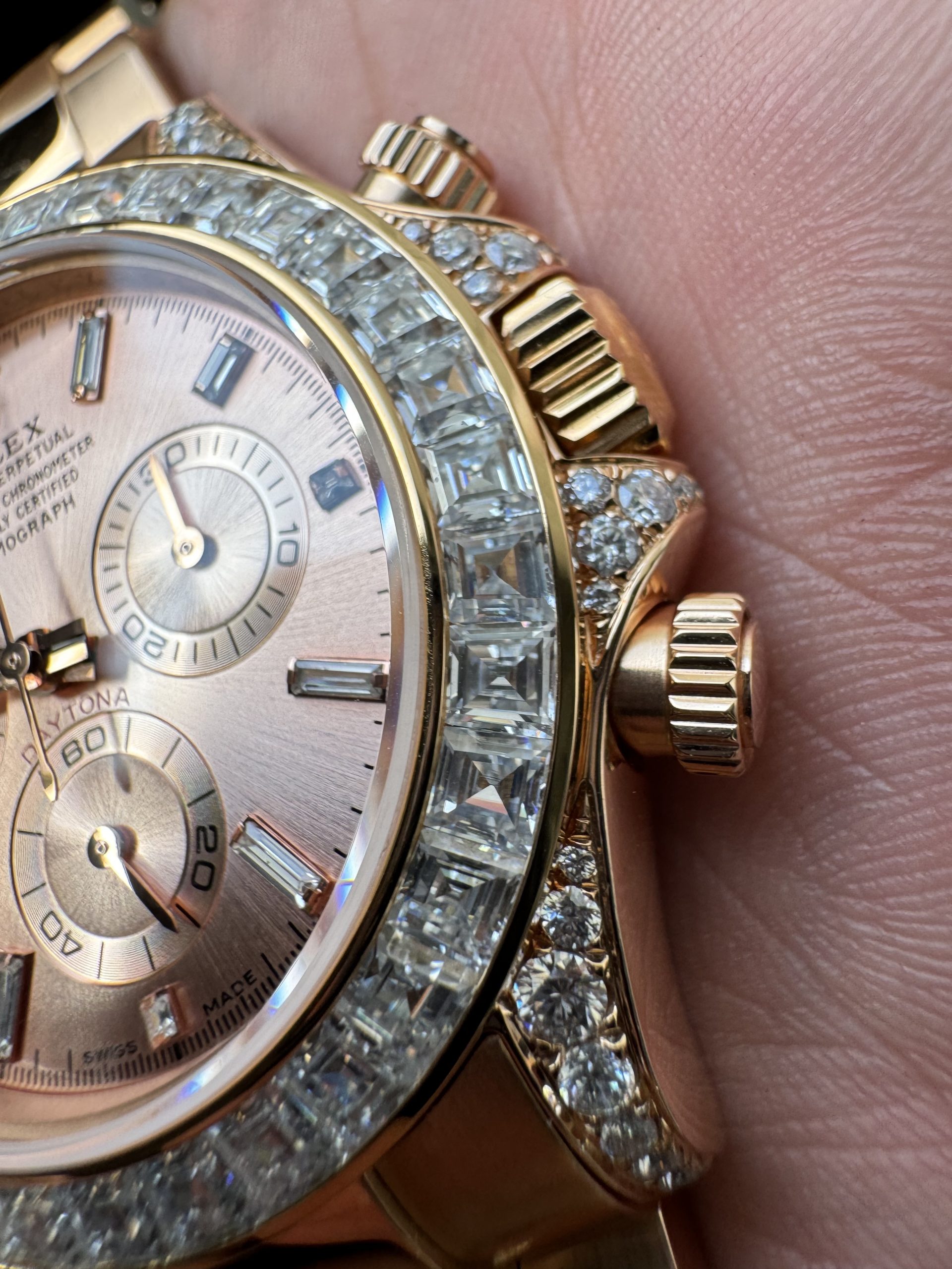 Clean Factory Rolex Custom SuperClone ICE Out Daytona 126595TBR Rose Gold Case Set with Diamonds Pink Dial with Diamond Indexs 4131 Movement 05 Clean Factory Rolex Custom SuperClone ICE Out Daytona 126595TBR Rose Gold Case Set with Diamonds Pink Dial with Diamond Indexs 4131 Movement 05