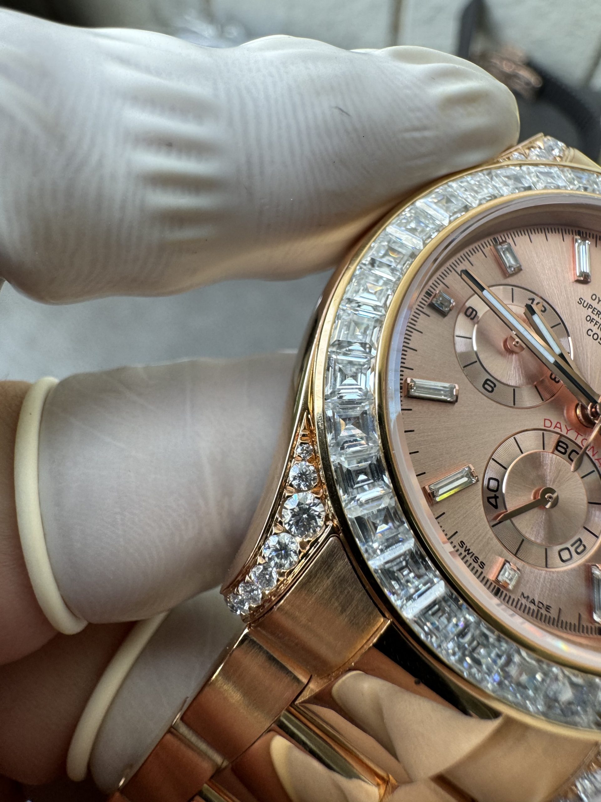 Clean Factory Rolex Custom SuperClone ICE Out Daytona 126595TBR Rose Gold Case Set with Diamonds Pink Dial with Diamond Indexs 4131 Movement 08 Clean Factory Rolex Custom SuperClone ICE Out Daytona 126595TBR Rose Gold Case Set with Diamonds Pink Dial with Diamond Indexs 4131 Movement 08