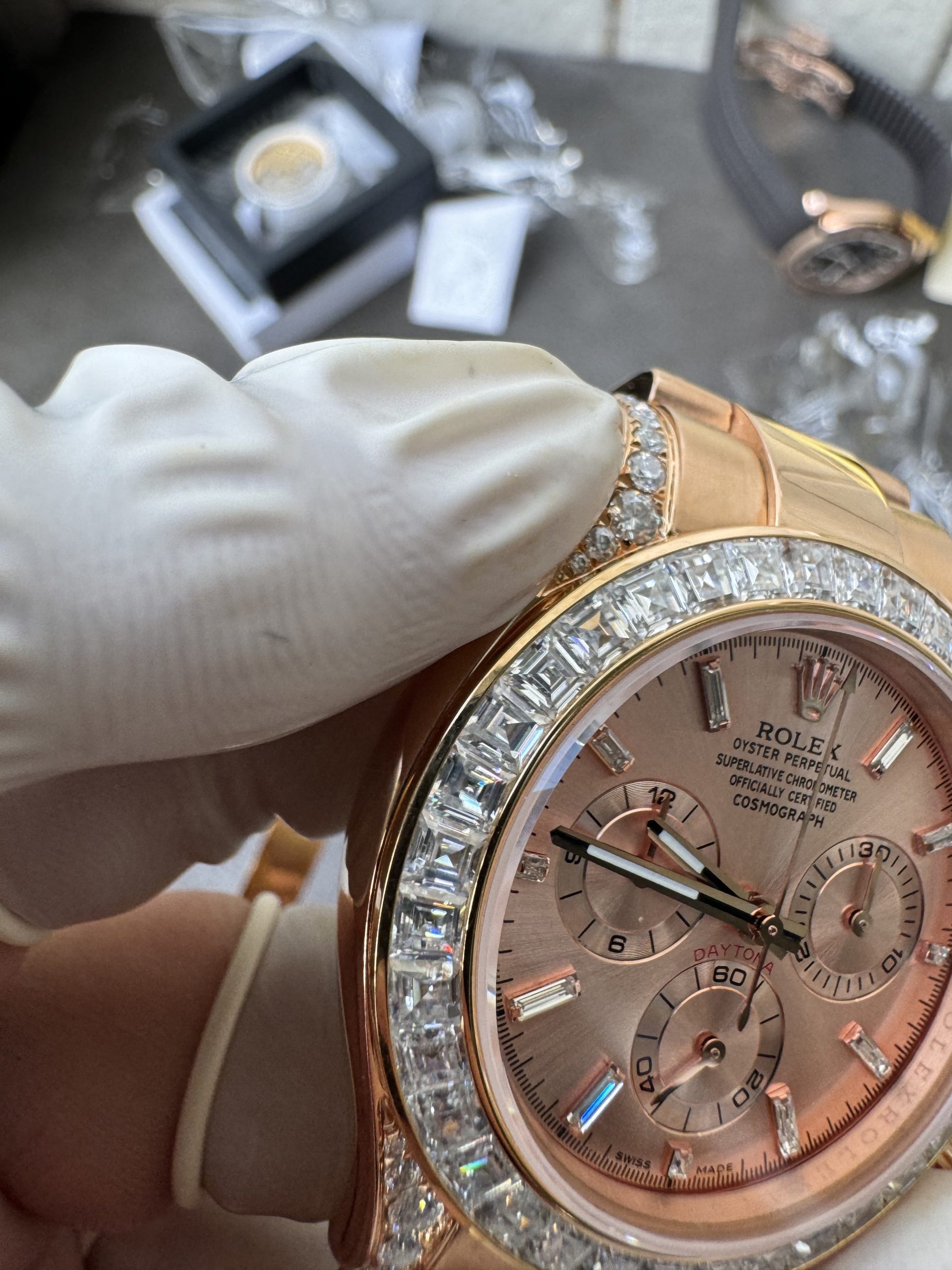 Clean Factory Rolex Custom SuperClone ICE Out Daytona 126595TBR Rose Gold Case Set with Diamonds Pink Dial with Diamond Indexs 4131 Movement 09 Clean Factory Rolex Custom SuperClone ICE Out Daytona 126595TBR Rose Gold Case Set with Diamonds Pink Dial with Diamond Indexs 4131 Movement 09