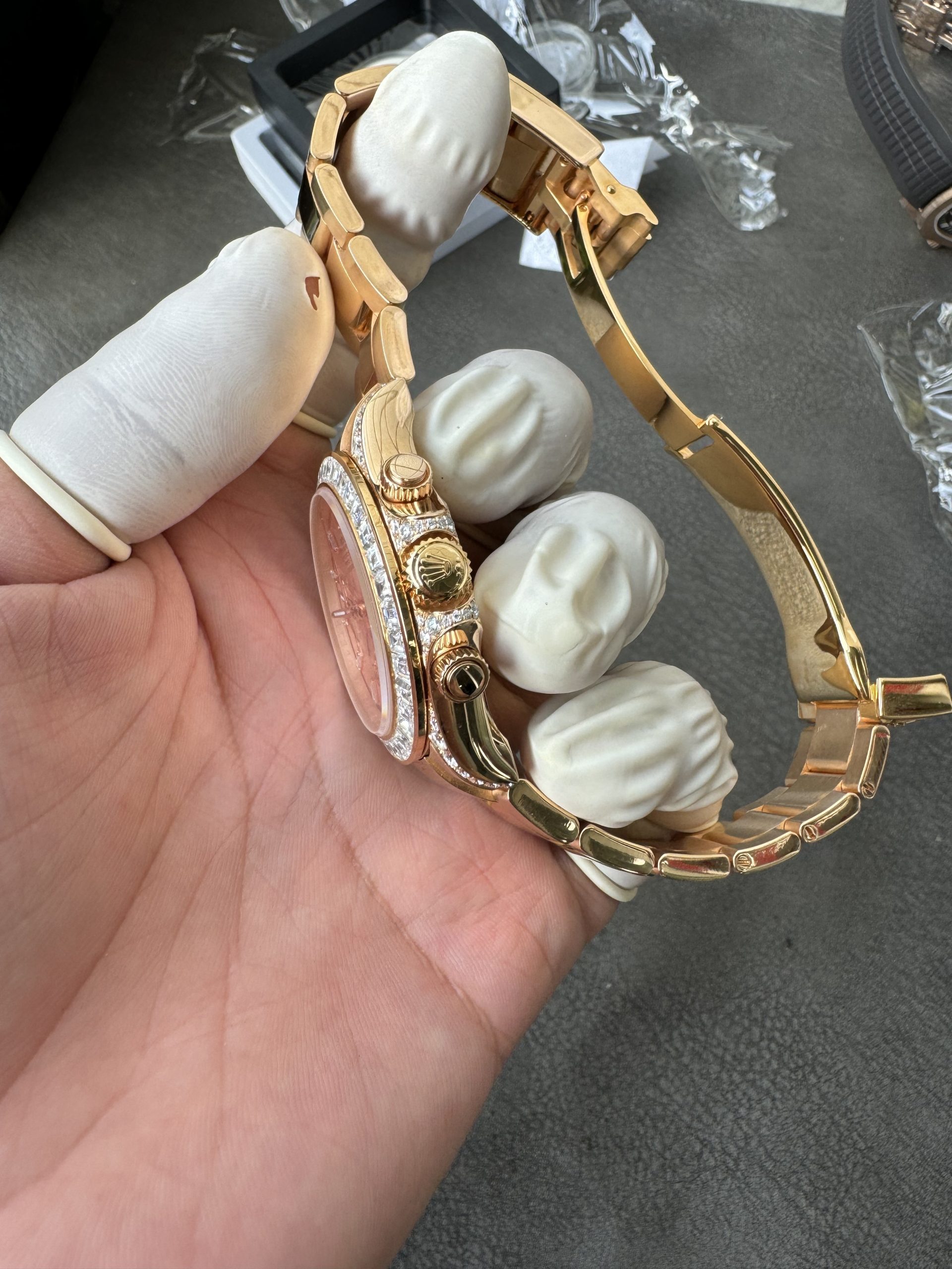 Clean Factory Rolex Custom SuperClone ICE Out Daytona 126595TBR Rose Gold Case Set with Diamonds Pink Dial with Diamond Indexs 4131 Movement 12 Clean Factory Rolex Custom SuperClone ICE Out Daytona 126595TBR Rose Gold Case Set with Diamonds Pink Dial with Diamond Indexs 4131 Movement 12