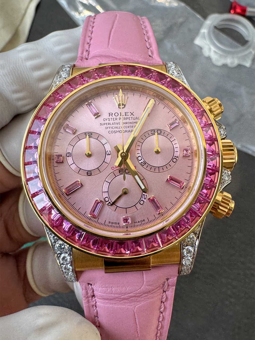 Super Clone Custom Lady Daytona 126538TRO Wrapped 18K Yellow Gold Case Pink Dial wtih Diamond Indexes Pink Diamonds Bezel Pink Leather Strap 4131 Movement 00 Super Clone Custom Lady Daytona 126538TRO Wrapped 18K Yellow Gold Case Pink Dial wtih Diamond Indexes Pink Diamonds Bezel Pink Leather Strap 4131 Movement 00