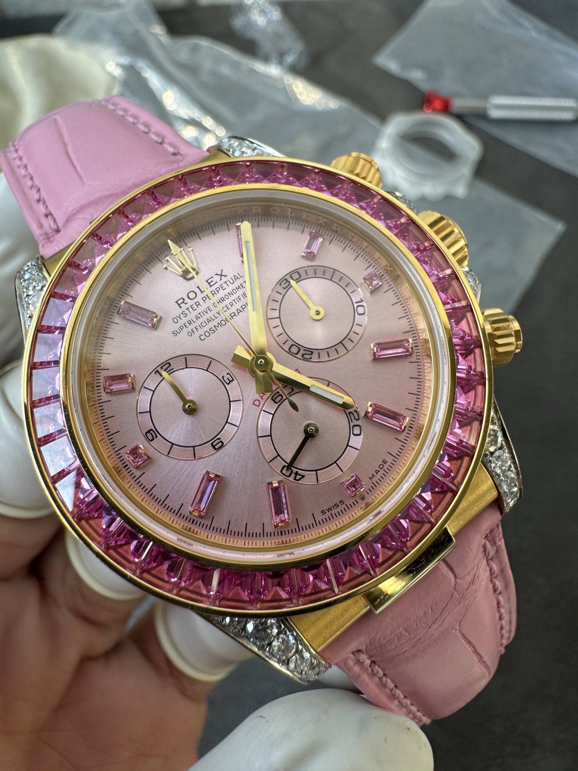 Super Clone Custom Lady Daytona 126538TRO Wrapped 18K Yellow Gold Case Pink Dial wtih Diamond Indexes Pink Diamonds Bezel Pink Leather Strap 4131 Movement 05 Super Clone Custom Lady Daytona 126538TRO Wrapped 18K Yellow Gold Case Pink Dial wtih Diamond Indexes Pink Diamonds Bezel Pink Leather Strap 4131 Movement 05