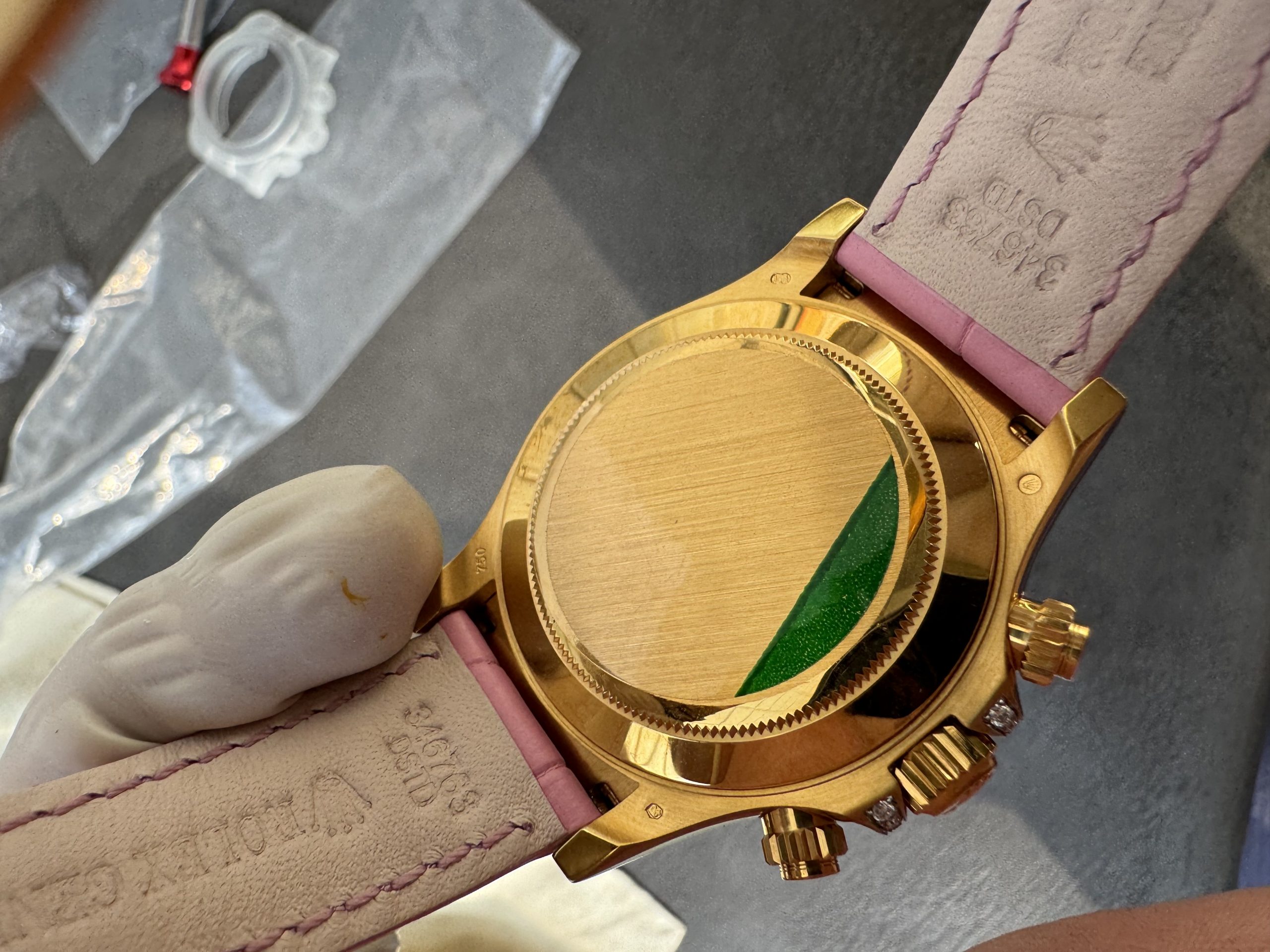Super Clone Custom Lady Daytona 126538TRO Wrapped 18K Yellow Gold Case Pink Dial wtih Diamond Indexes Pink Diamonds Bezel Pink Leather Strap 4131 Movement 08 Super Clone Custom Lady Daytona 126538TRO Wrapped 18K Yellow Gold Case Pink Dial wtih Diamond Indexes Pink Diamonds Bezel Pink Leather Strap 4131 Movement 08