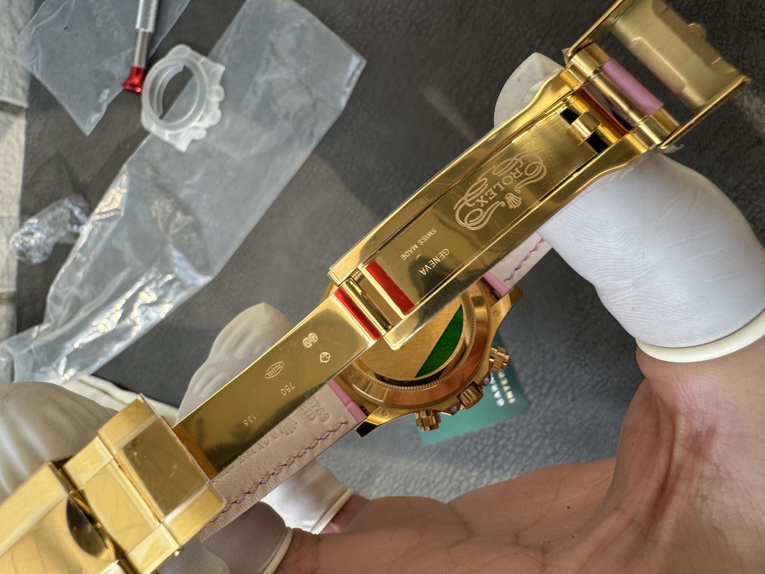 Super Clone Custom Lady Daytona 126538TRO Wrapped 18K Yellow Gold Case Pink Dial wtih Diamond Indexes Pink Diamonds Bezel Pink Leather Strap 4131 Movement 09 Super Clone Custom Lady Daytona 126538TRO Wrapped 18K Yellow Gold Case Pink Dial wtih Diamond Indexes Pink Diamonds Bezel Pink Leather Strap 4131 Movement 09