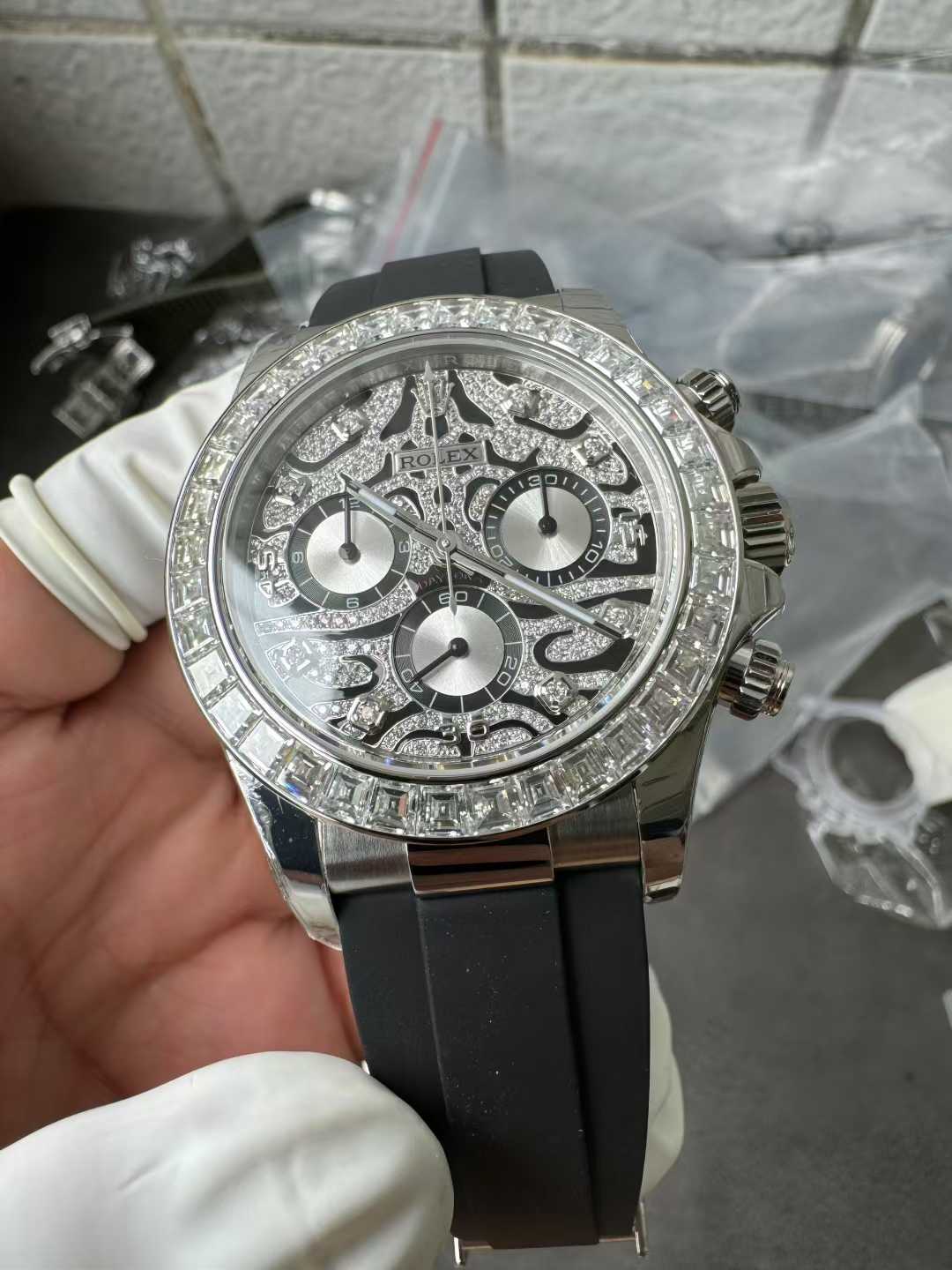 Clean Factory Daytona Eye of the Tiger 116589TBR Wrapped Platinum 40mm Black Diamond Motif Dial Baguette Bezel Oysterflex Strap DD4131 Movement 04 Clean Factory Daytona Eye of the Tiger 116589TBR Wrapped Platinum 40mm Black Diamond Motif Dial Baguette Bezel Oysterflex Strap DD4131 Movement 04