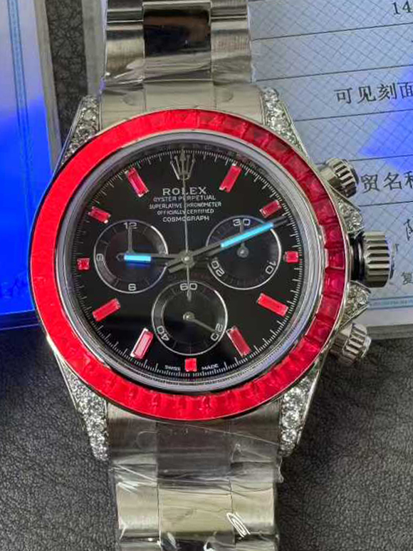 Clean Factory Watch Rolex Ruby Daytona 126599TRU Black Dial Baguette Ruby Bezel TRU Daytona Gem Set DanDong 4131 Movement 09 01 Clean Factory Watch Rolex Ruby Daytona 126599TRU Black Dial Baguette Ruby Bezel TRU Daytona Gem Set DanDong 4131 Movement 09 01
